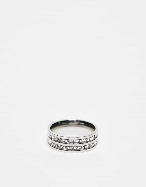 ASOS DESIGN stainless steel band ring with crystals in silver tone