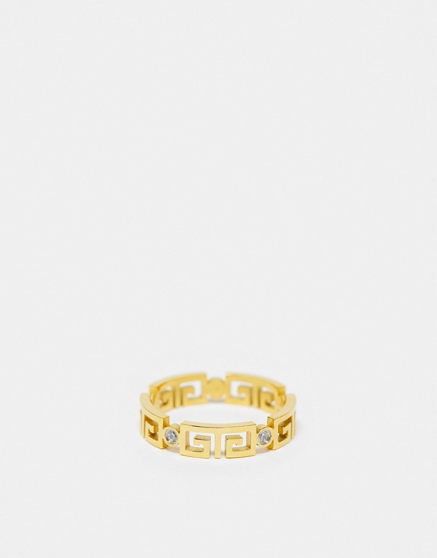 ASOS DESIGN stainless steel band ring with cut out greek wave design and crystal in gold tone