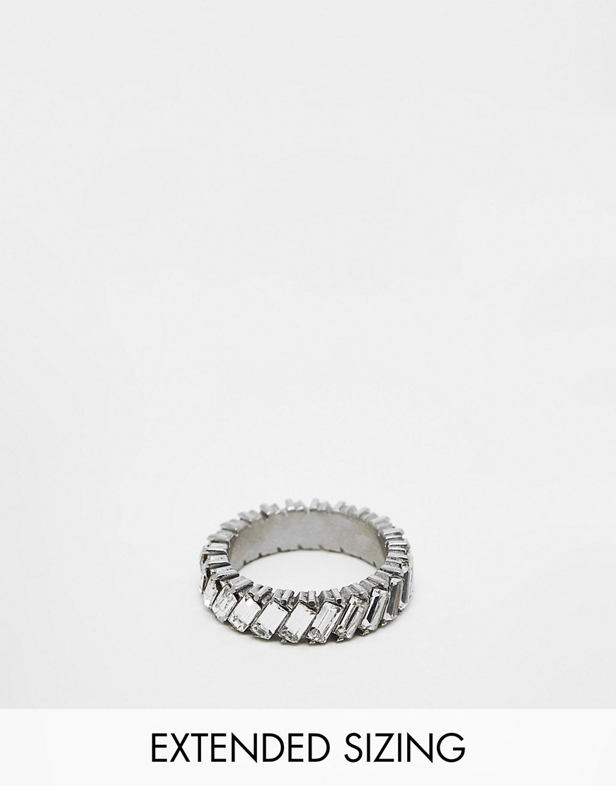 ASOS DESIGN stainless steel band ring with diagonal baguette crystals in silver tone