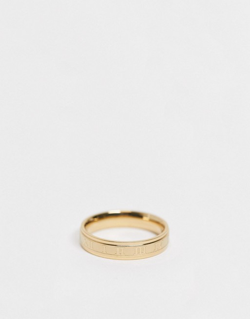 ASOS DESIGN stainless steel band ring with roman numerals design in gold tone