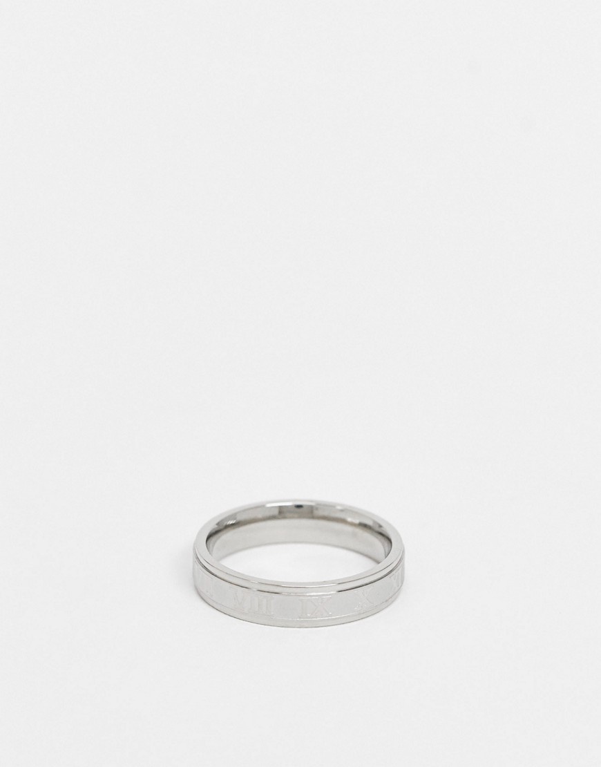 ASOS DESIGN stainless steel band ring with roman numerals design in silver tone