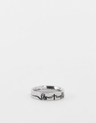 ASOS DESIGN stainless steel band ring with snake and crosses in silver tone