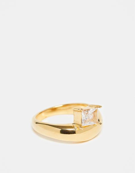 ASOS DESIGN stainless steel bubble wave ring with square sparkly crystal stone set in gold tone - view 1