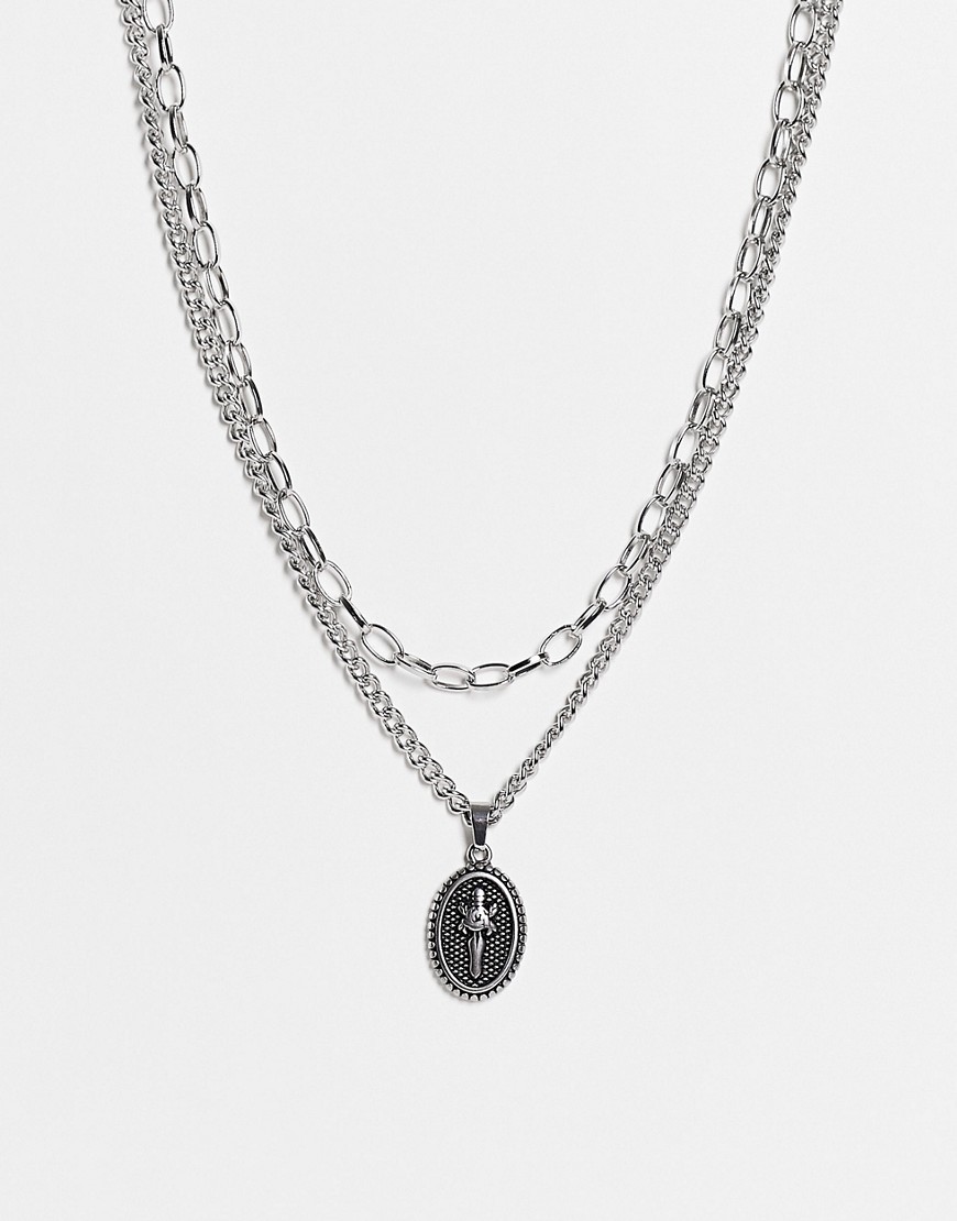 ASOS DESIGN stainless steel double layer neckchain with coin pendant in burnished silver tone