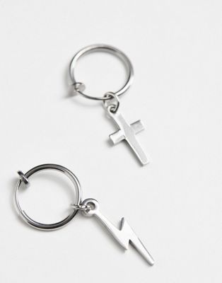 ASOS DESIGN stainless steel faux hoop earrings with cross and lightning bolt charms