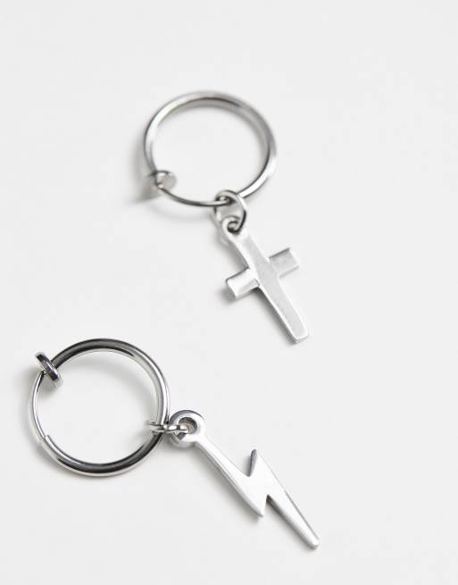 ASOS DESIGN stainless steel faux hoop earrings with cross and lightning  bolt charms