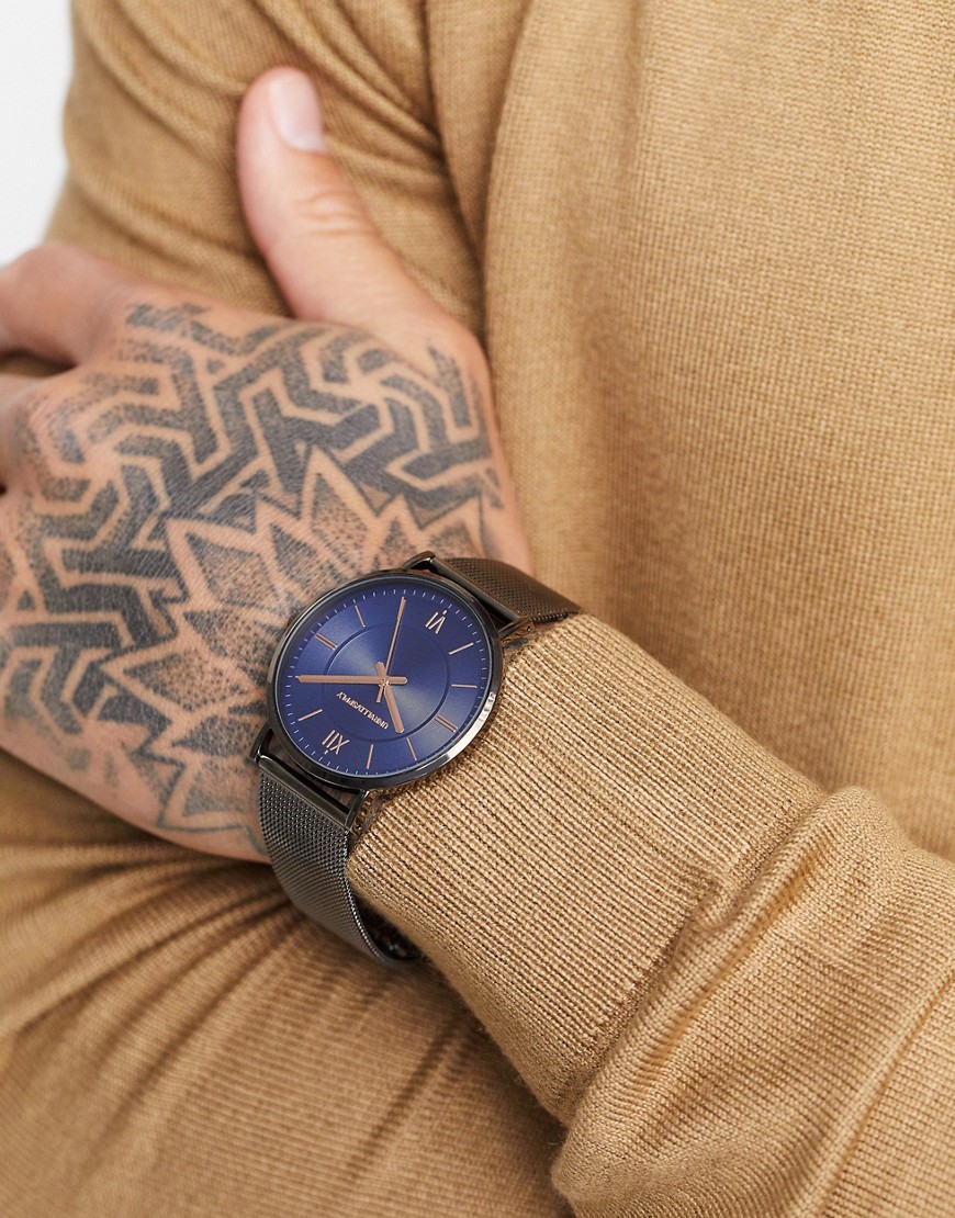 ASOS DESIGN stainless steel mesh watch with blue dial in gunmetal-Black