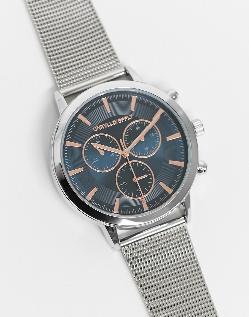 ASOS DESIGN stainless steel mesh watch with navy face and rose gold detail in silver tone