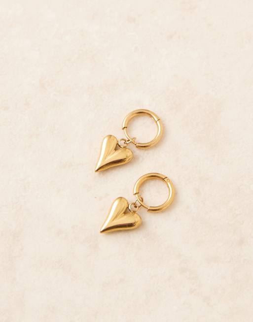 ASOS DESIGN stainless steel mini hoop earrings with heart pendant drop in antique gold tone