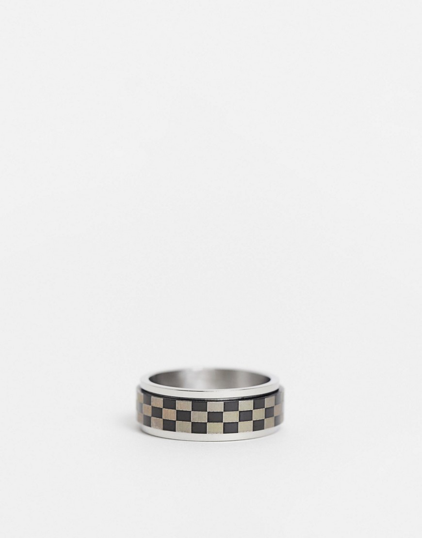 ASOS DESIGN stainless steel movement ring with checkerboard design in silver tone