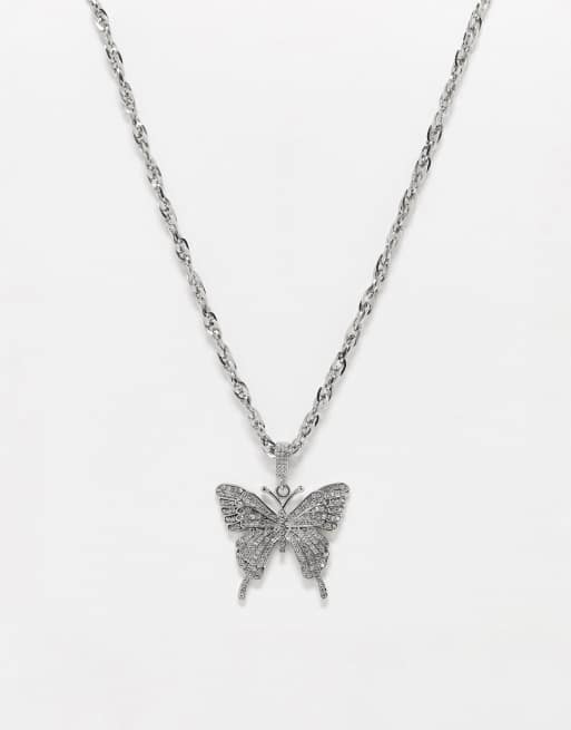ASOS DESIGN stainless steel neck chain with pave butterfly pendant in silver tone
