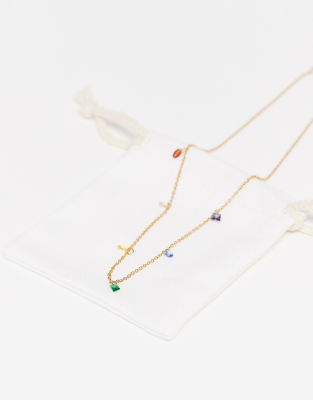 Asos Design Stainless Steel Necklace With Cubic Zirconia Rainbow Gems In Gold