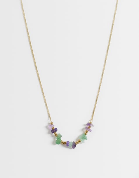 ASOS DESIGN stainless steel necklace with semi-precious chippings in gold tone - view 1
