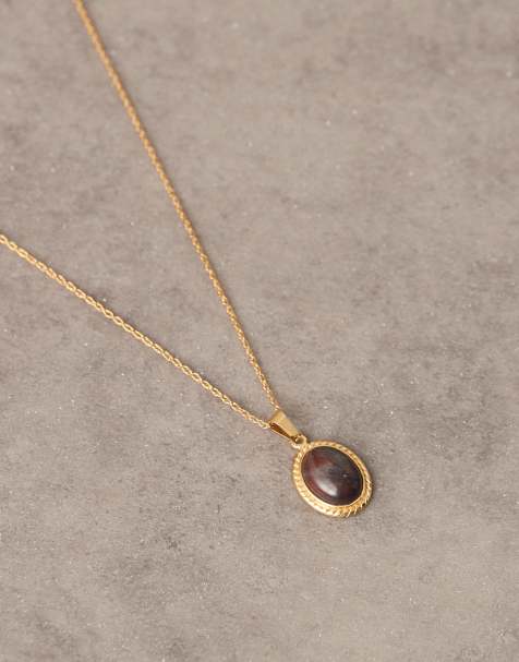 ASOS DESIGN stainless steel necklace with semi-precious stone pendant in gold tone - view 1