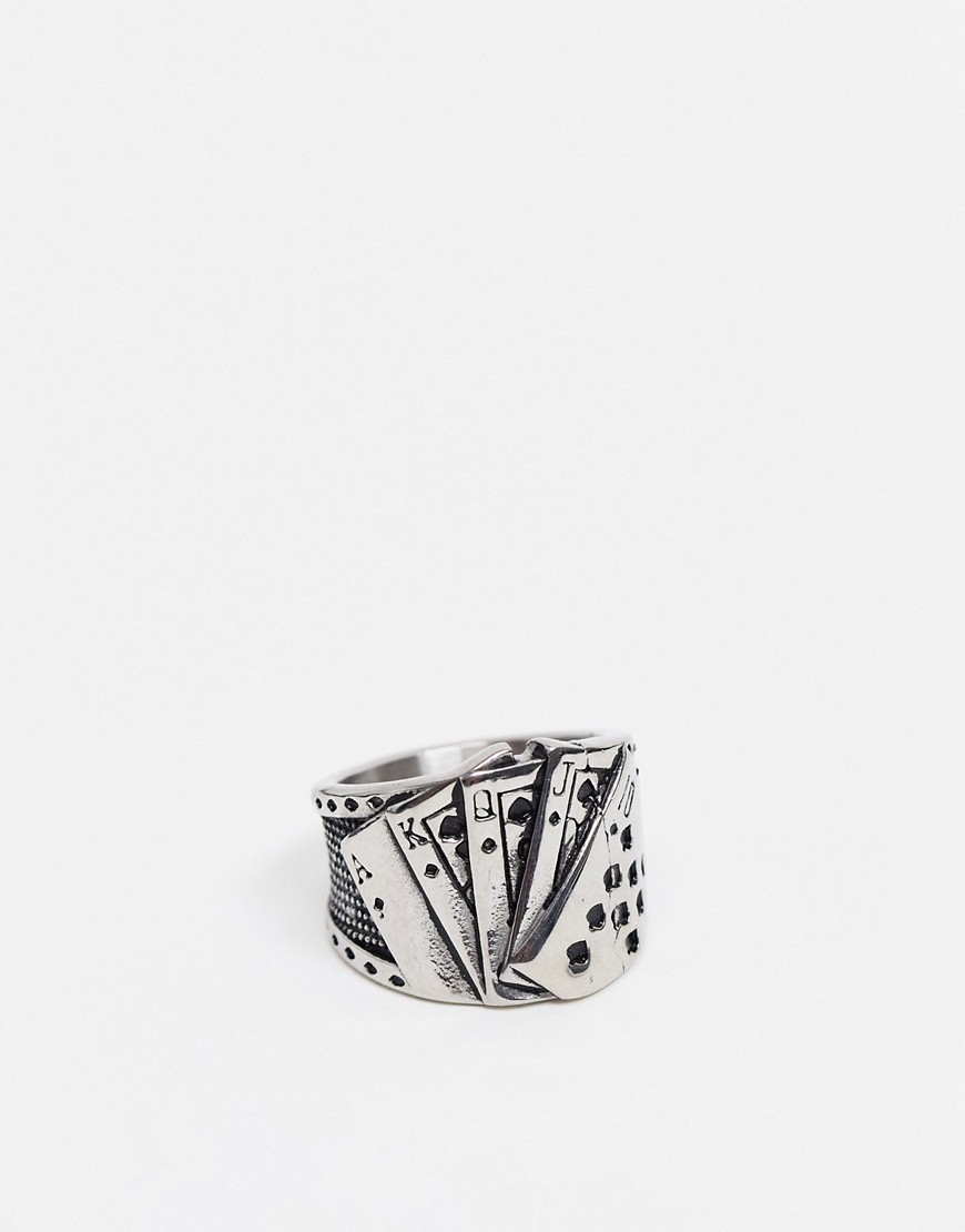 ASOS DESIGN stainless steel ring with cards design in silver tone