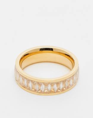 stainless steel ring with cubic zirconia baguette design in gold tone with gift bag