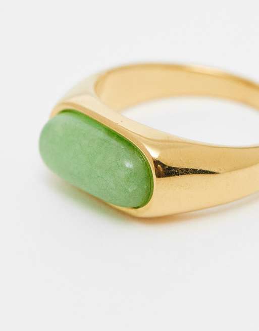ASOS DESIGN stainless steel ring with green real semi-precious stone in gold tone, 2 of 3