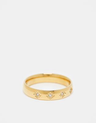 Asos Design Stainless Steel Ring With Star Crystal Detail In Gold Tone