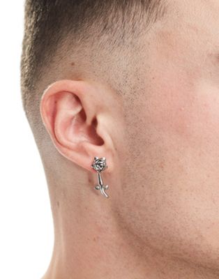 ASOS DESIGN stainless steel rose jacket earring in burnished silver