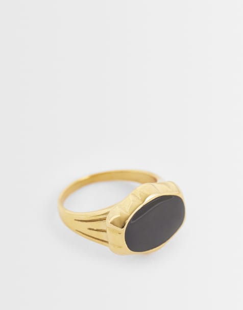 ASOS DESIGN stainless steel signet ring with molten black stone-set in gold tone - view 1