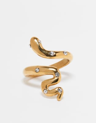 stainless steel wraparound snake ring with crystals in gold tone