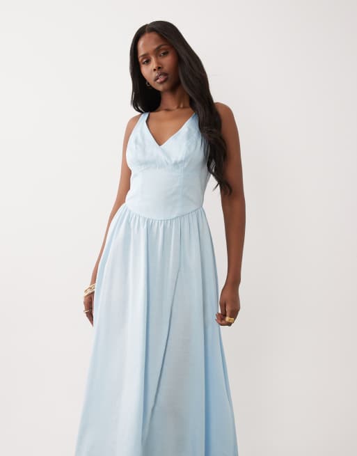 ASOS DESIGN - Stålblå maxikjole med V-hals og indsyet talje med syede detaljer, 3 af 4