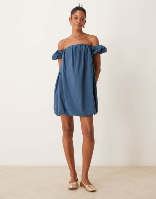 ASOS DESIGN - Stålblå puffball-minikjole i faldskærmsstof
