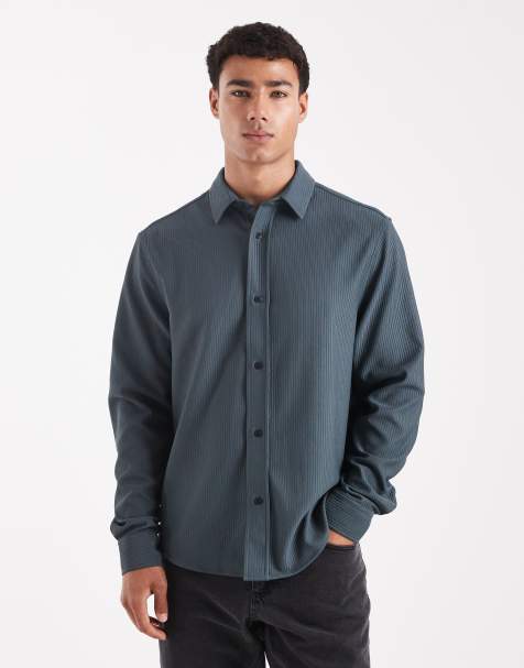 ASOS DESIGN – Stålblå, ribbad skjorta med regular passform - view 1