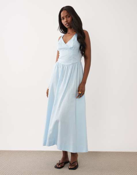 ASOS DESIGN – Stalowoniebieska, taliowana sukienka letnia maxi, z dekoltem w szpic i ozdobnymi szwami - view 1