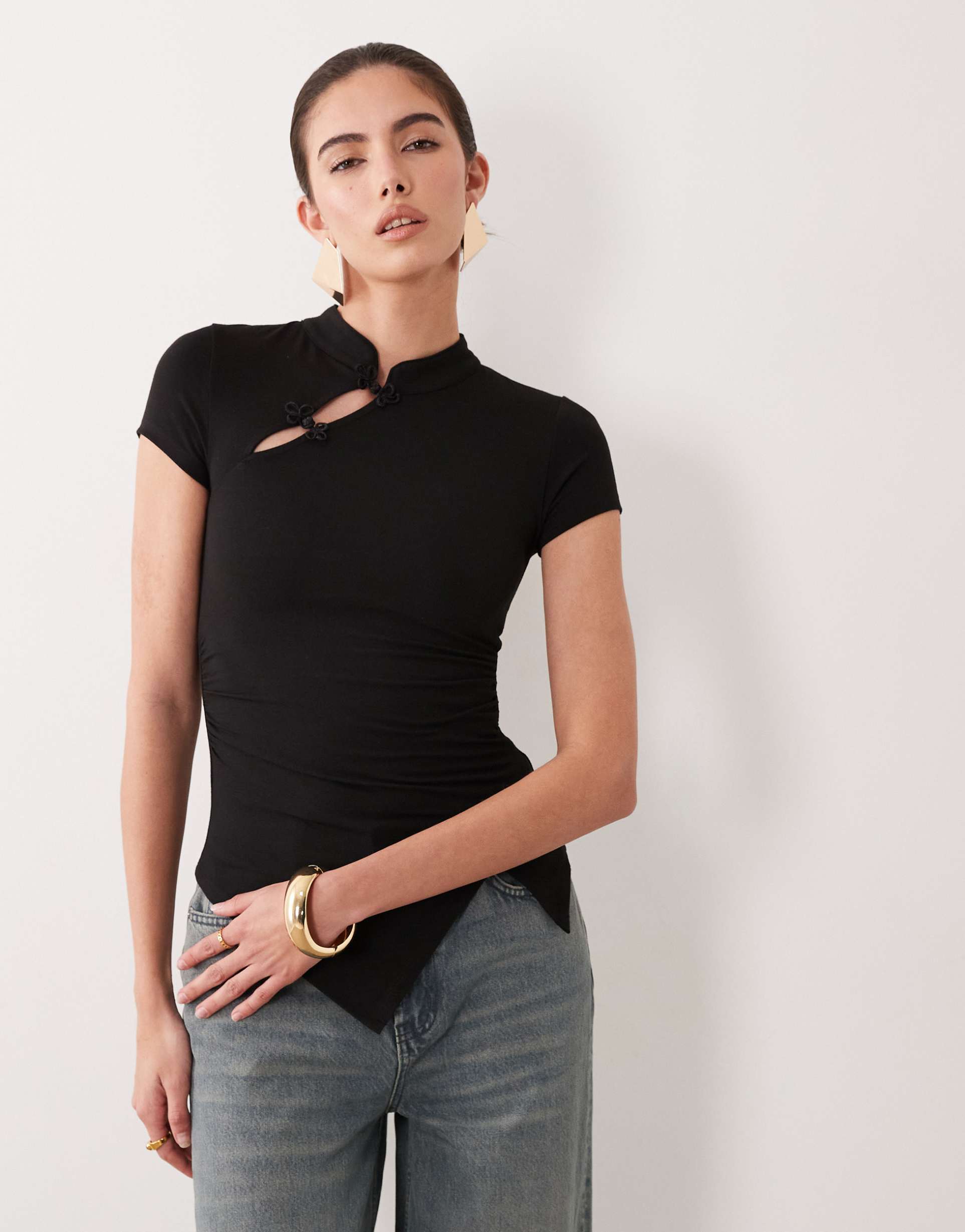 asos design stand collar cap sleeve top in black