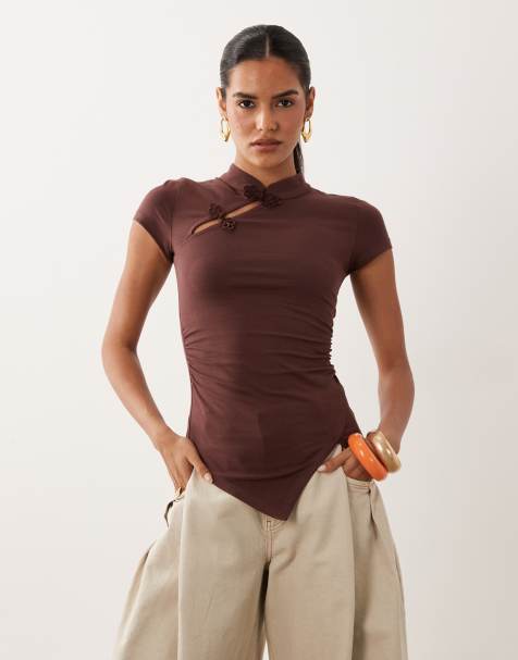 ASOS DESIGN stand collar cap sleeve top in chocolate - view 1