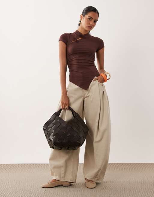 ASOS DESIGN stand collar cap sleeve top in chocolate, 2 of 4