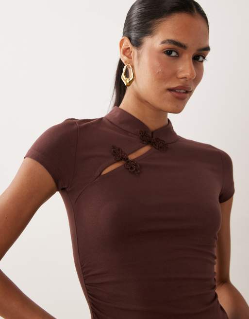 ASOS DESIGN stand collar cap sleeve top in chocolate, 3 of 4