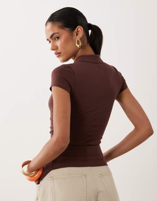 ASOS DESIGN stand collar cap sleeve top in chocolate, 4 of 4
