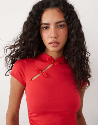 Asos Design Stand Collar Cap Sleeve Top In Red