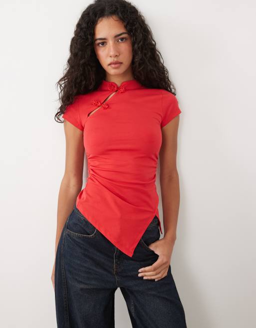 ASOS DESIGN stand collar cap sleeve top in red, 4 of 4