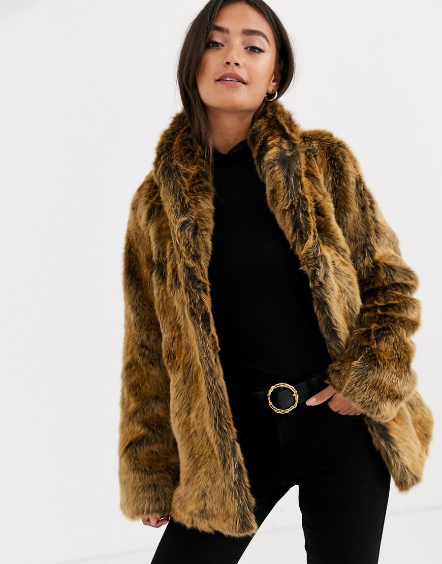 ASOS DESIGN stand collar faux fur coat in brown-Cream