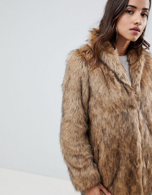 ASOS DESIGN Tall stand collar faux fur coat in brown