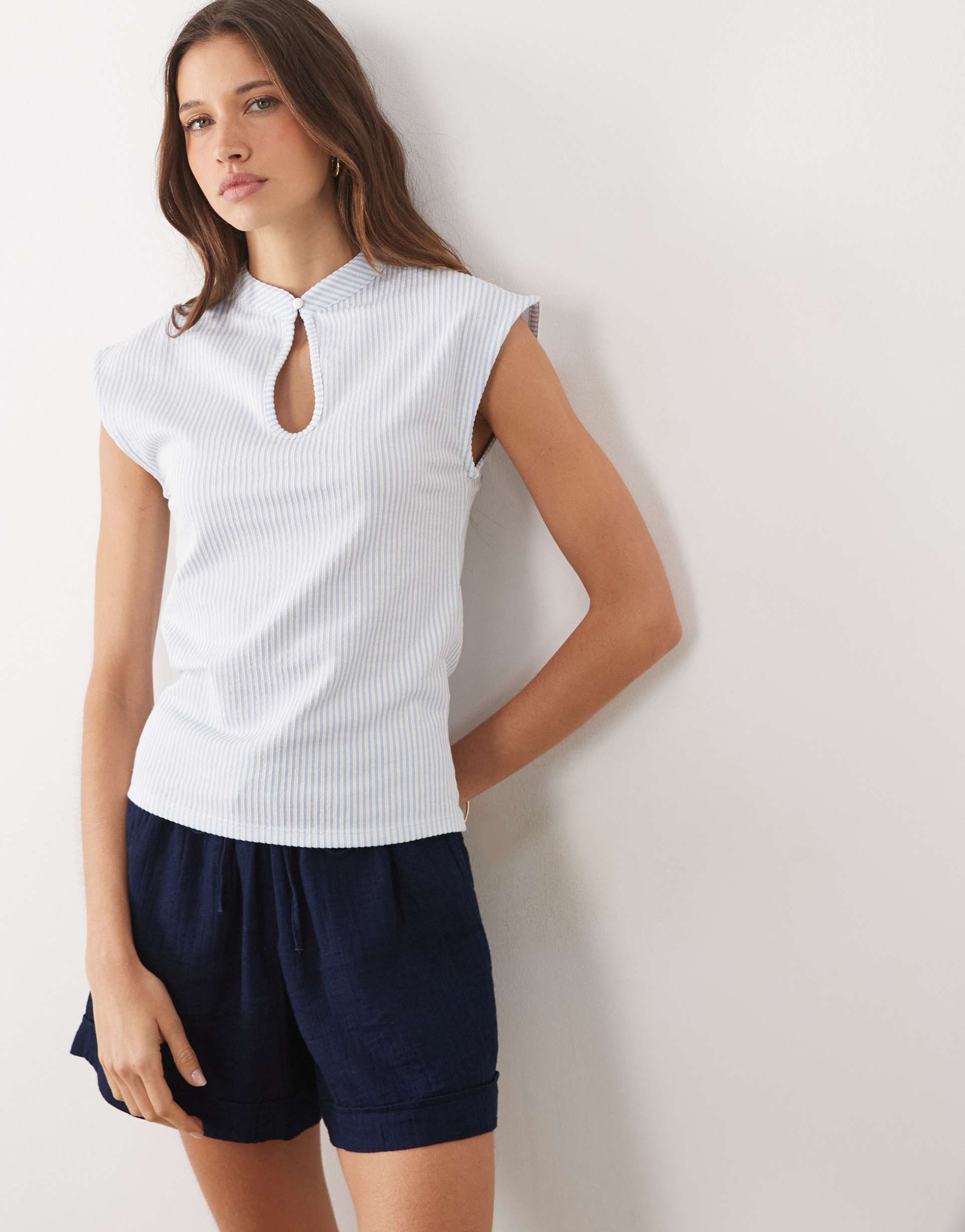 asos design stand collar seersucker fitted top in stripes - part of a set