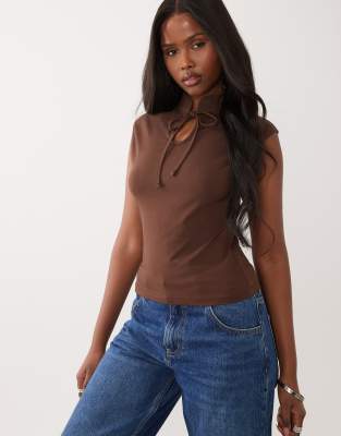 Asos Design Stand Collared Top With Rouleau Loop Detail In Brown