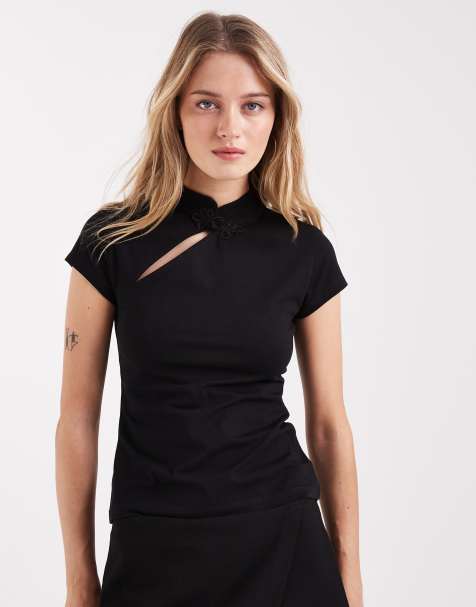 ASOS DESIGN stand up collar fitted top in black - view 1