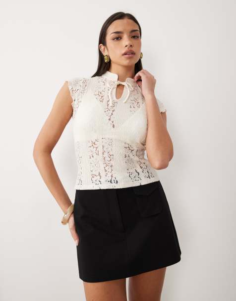 ASOS DESIGN stand up collar top with tie detail in cream