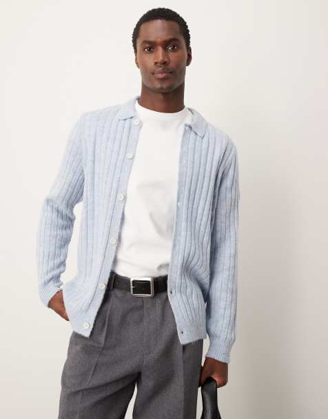 ASOS DESIGN – Standard – Blå, ribbstickad kofta med krage - view 1