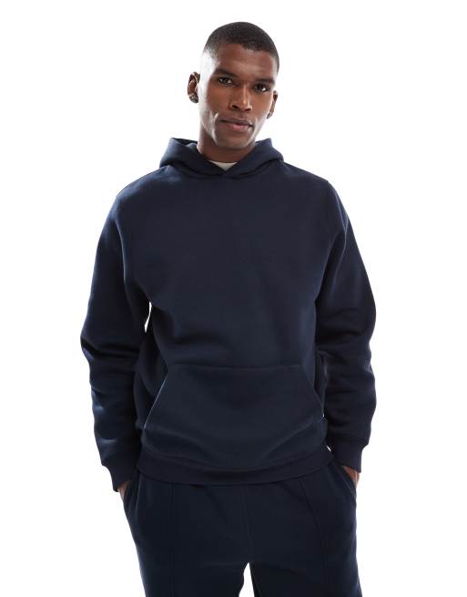 ASOS DESIGN – Standard Fit Kapuzenpullover in Marineblau mit kurzem Reißverschluss und Kragen