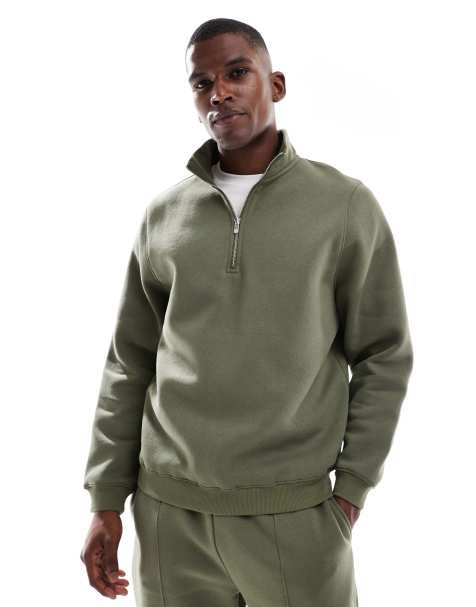 ASOS DESIGN standard fit quarter zip in green - view 1