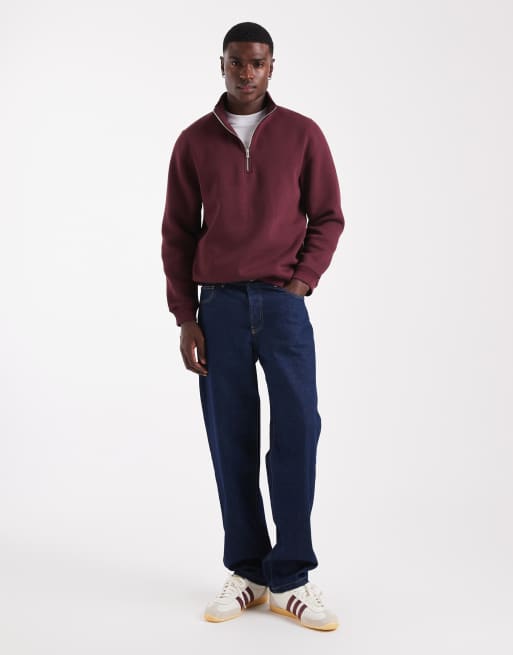 ASOS DESIGN standard fit quarter zip sweatshirt in burgundy