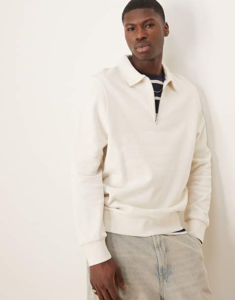ASOS DESIGN standard fit quarter zip sweatshirt with collar in beige - view 1