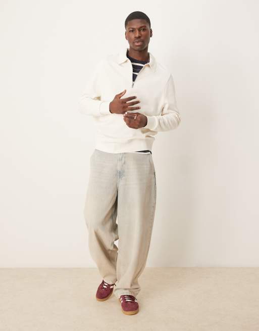 ASOS DESIGN standard fit quarter zip sweatshirt with collar in beige