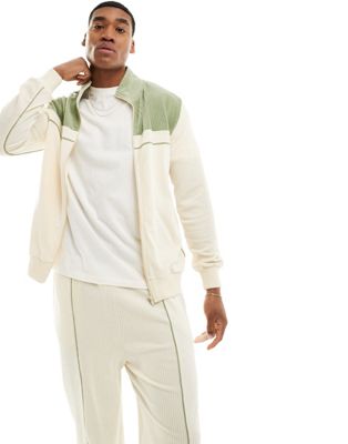 ASOS DESIGN standard fit ribbed velour jacket in off white with green detail