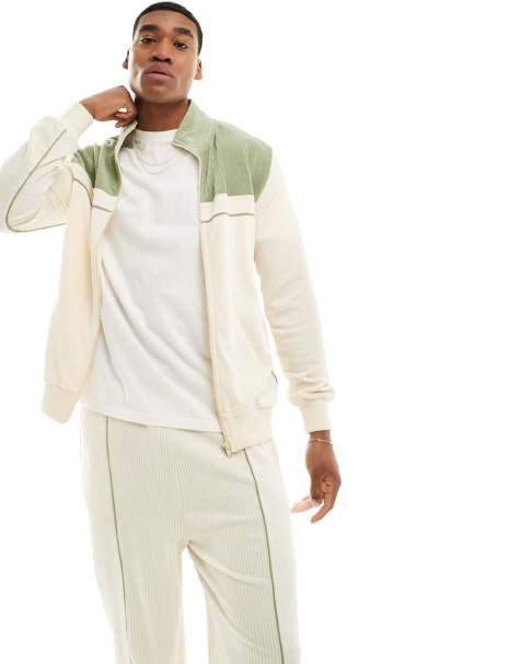ASOS DESIGN standard fit ribbed velour jacket in off white with green detail - view 1